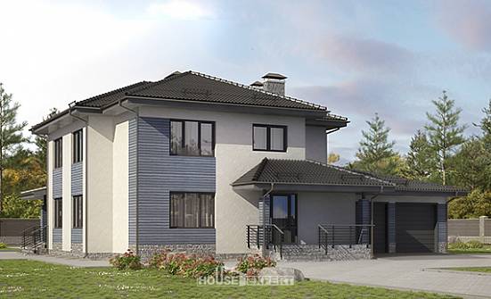 340-005-П Проект двухэтажного дома и гаражом, просторный коттедж из арболита Алексеевка | Проекты домов от House Expert