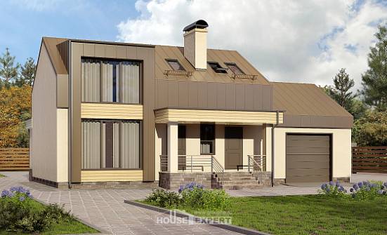 150-015-Л Проект двухэтажного дома с мансардой и гаражом, доступный домик из керамзитобетонных блоков Алексеевка | Проекты домов от House Expert